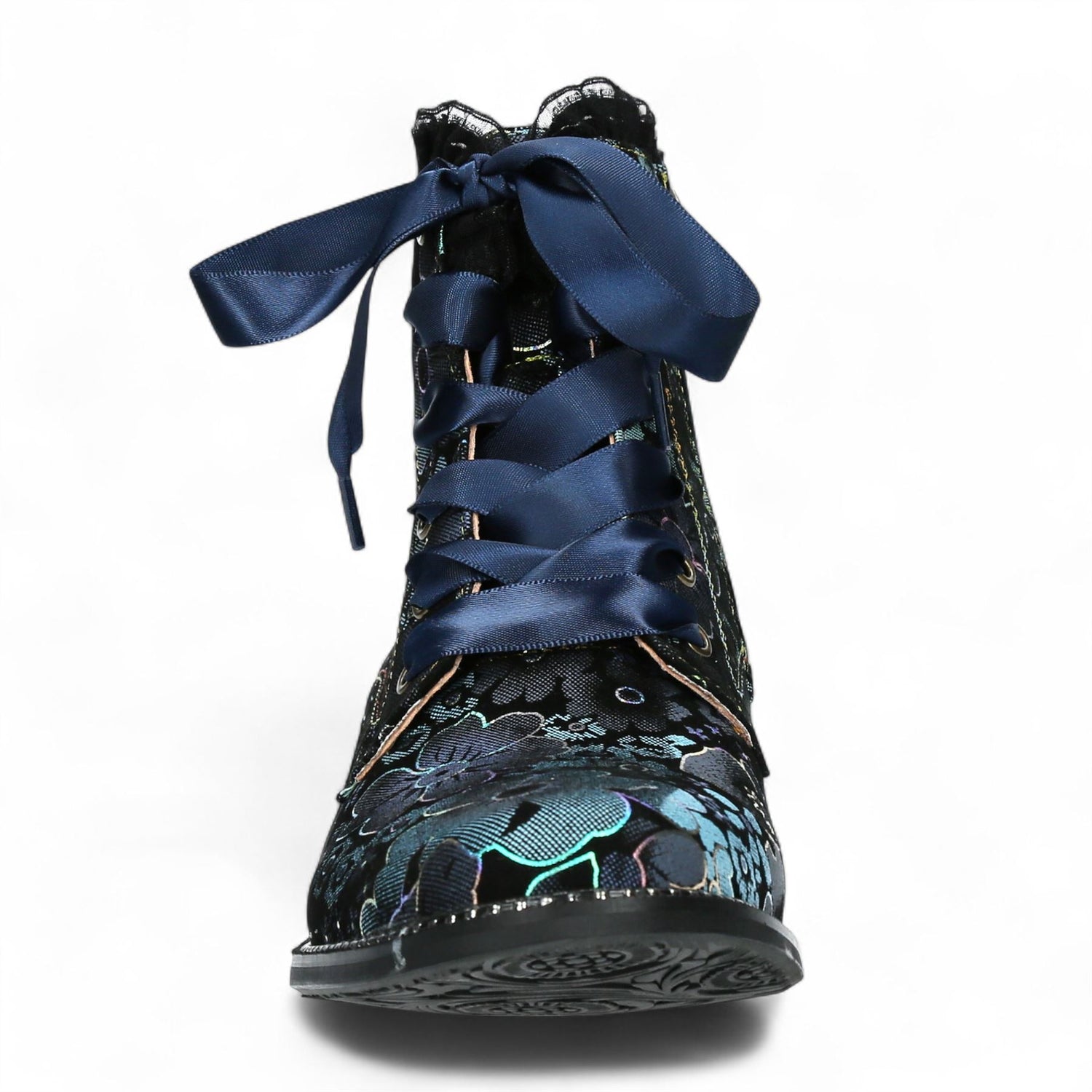 Laura Vita Emcmao-45 Blue Floral Womens Gothic Victorian Leather Ankle Heeled Boots