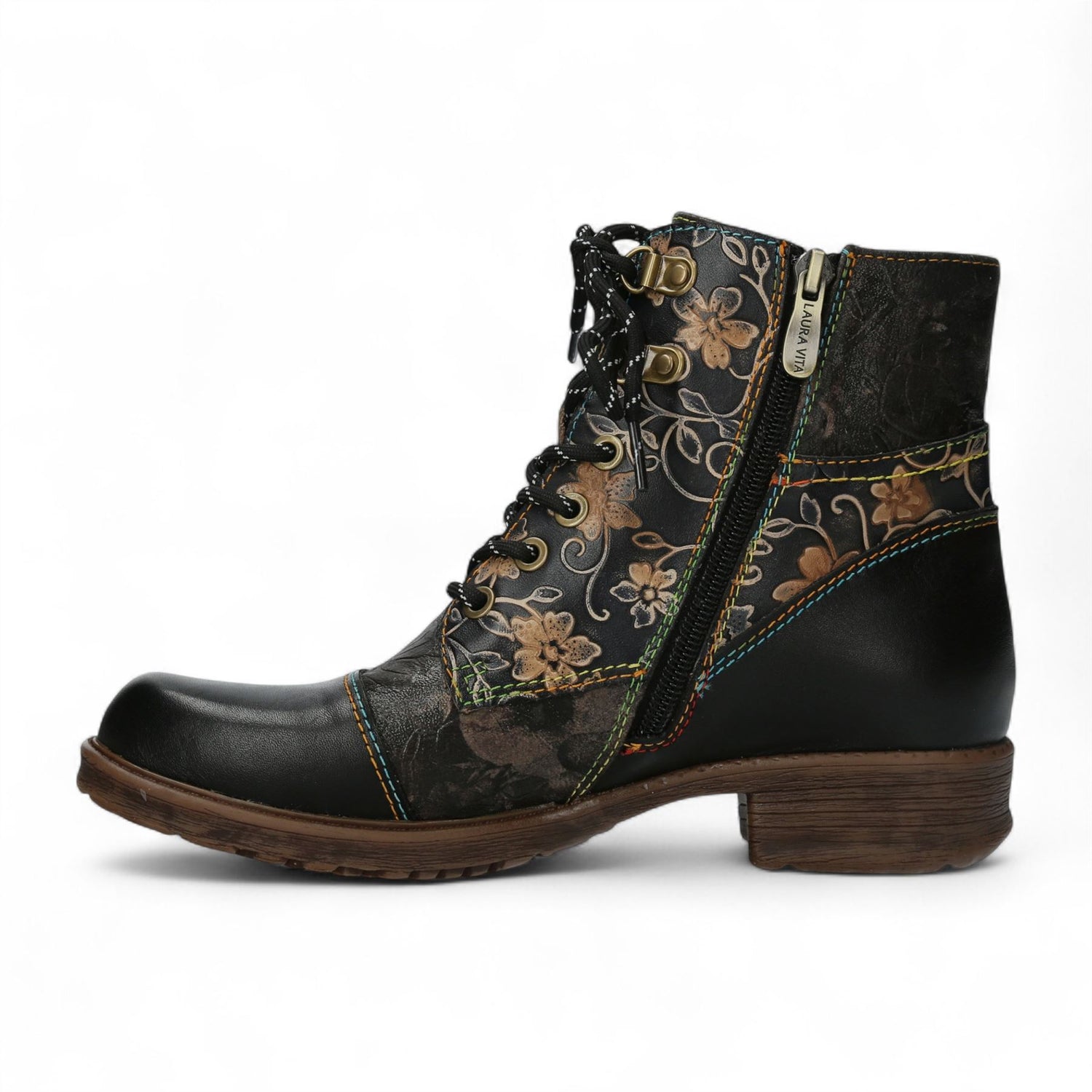 Laura Vita Anita 006 Black Floral Womens Gothic Victorian Leather Ankle Boots
