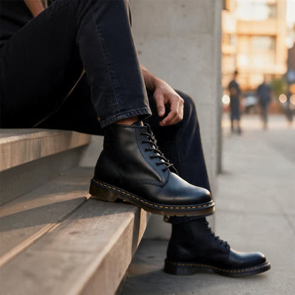 Dr Martens 101 Yellow Stitch Black Leather 6-Eye Ankle Boots - 26230001