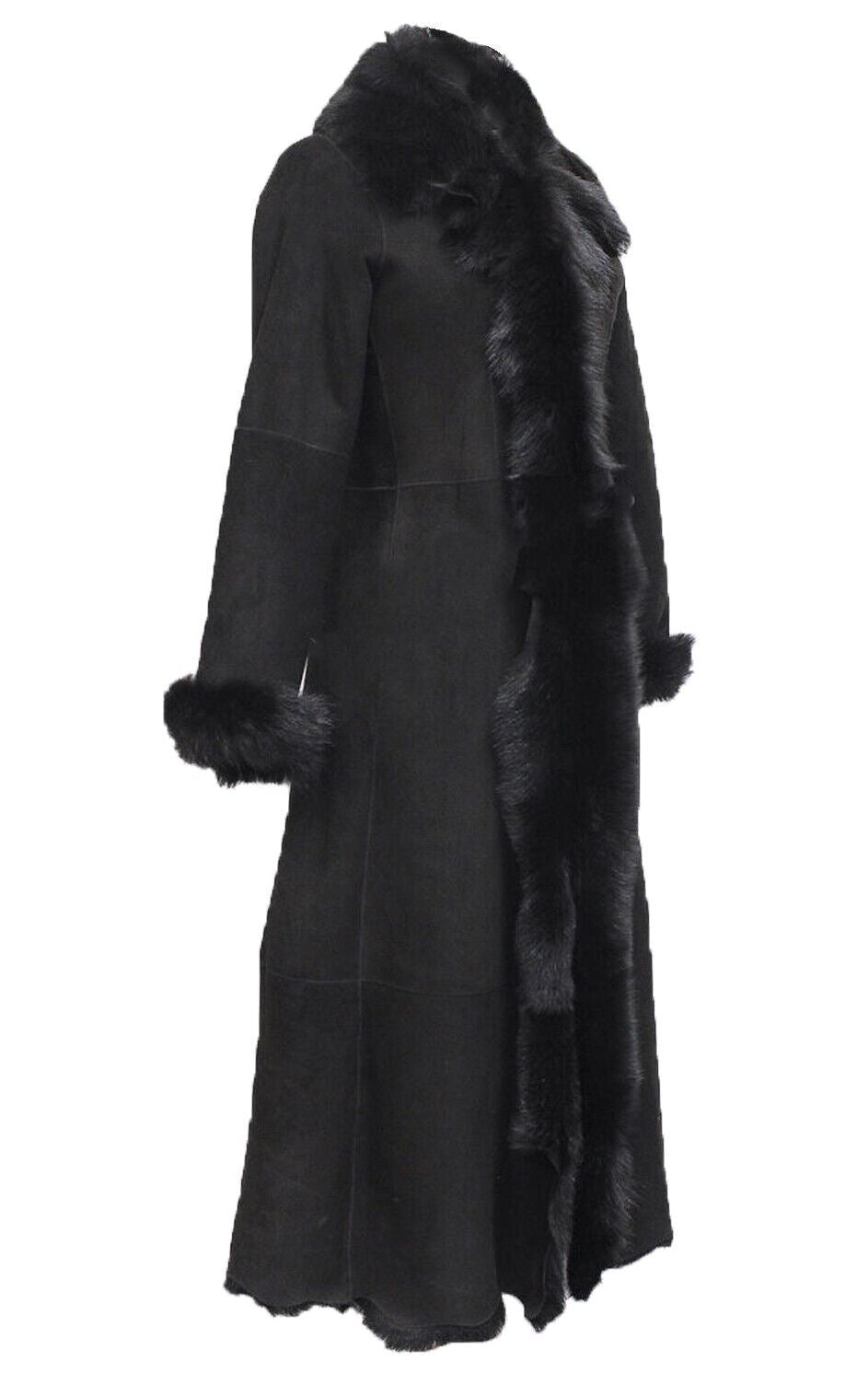 Womens Black Suede Toscana Sheepskin Hooded Trench Coat-Fribourg