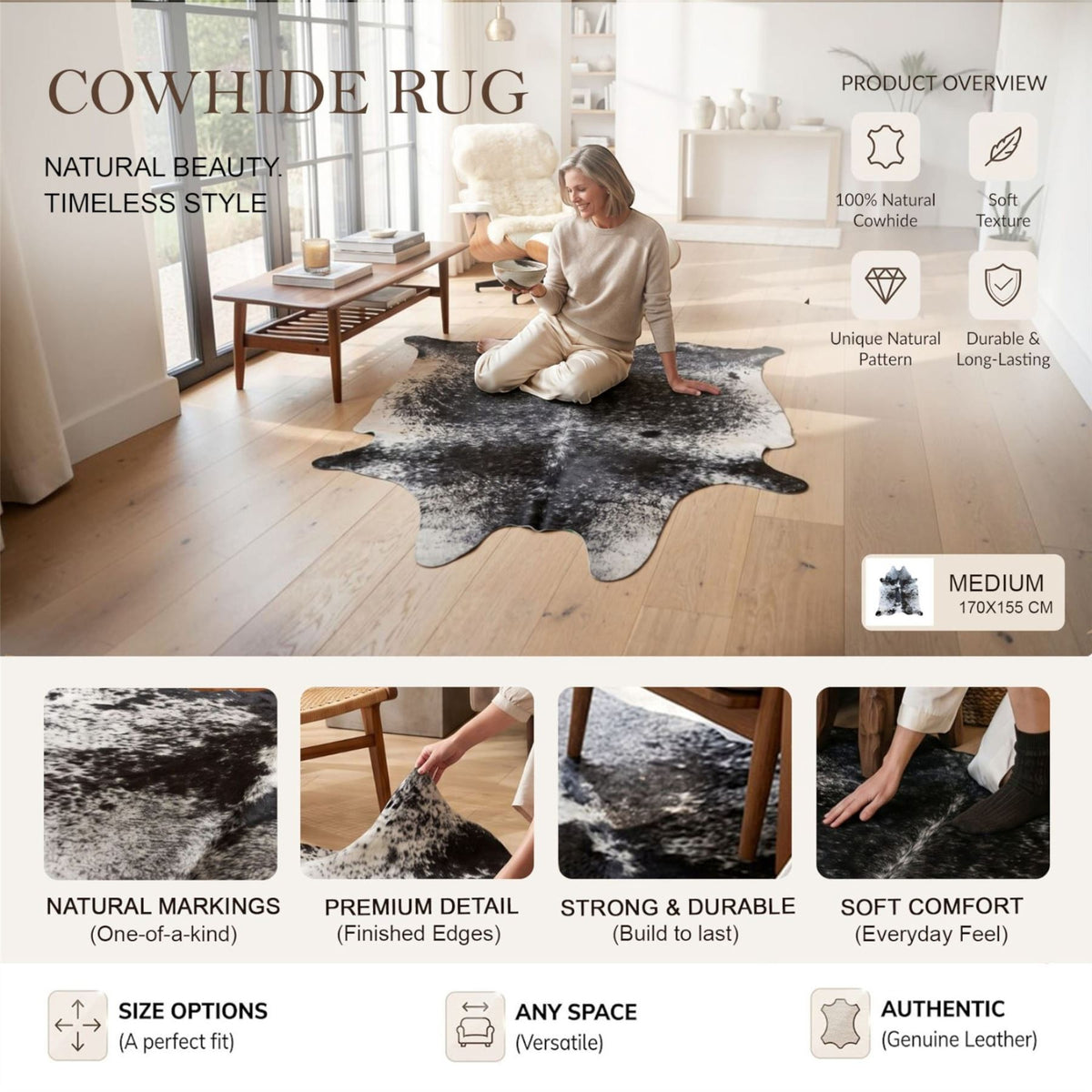 Genuine Cowhide Natural Leather Hairon Rug - Salt &amp; Papper