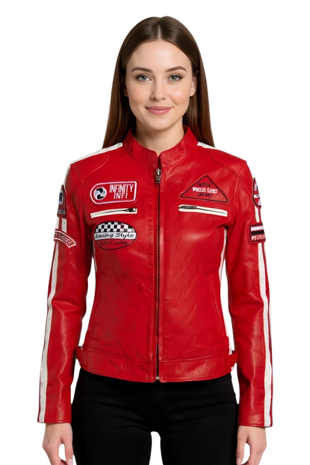 Womens Biker Racing Badges Leather Jacket-Eastleigh