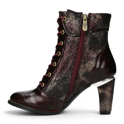 Laura Vita Women’s Wine Leather Floral Heeled Lace-Up Boots - Alcbaneo 173