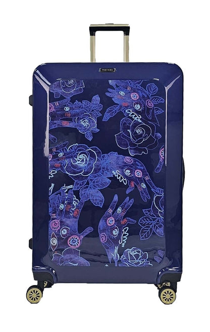 Hard Shell Blue 4 Wheel Suitcase Flower Print Luggage Cabin - Upperclass Fashions 
