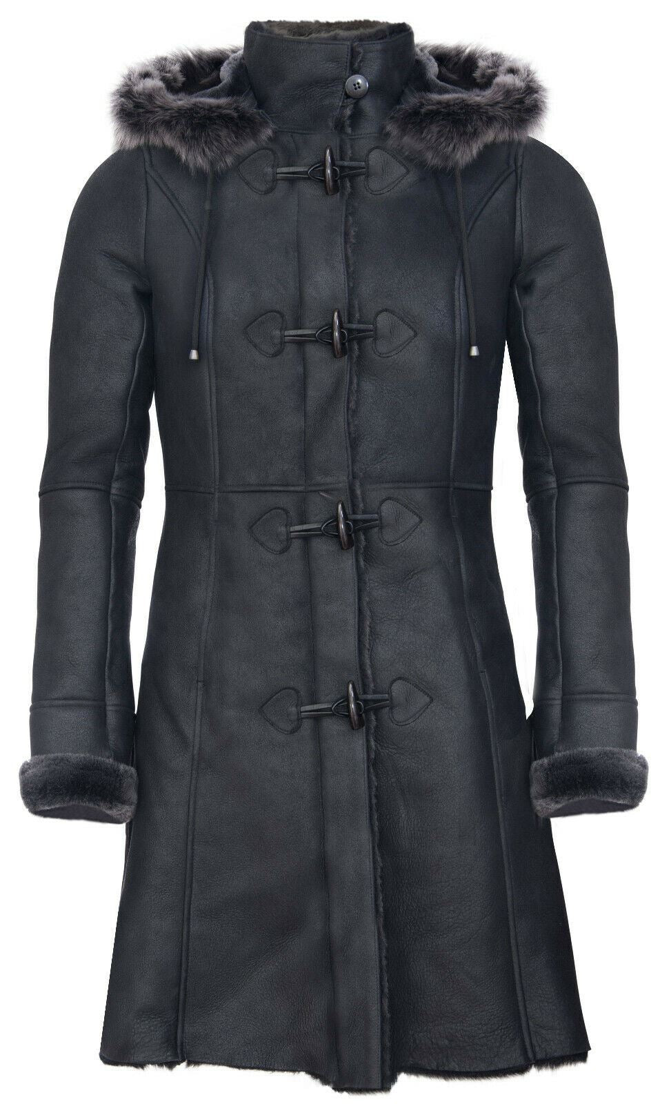 Womens Sheepskin Hooded Black Duffle Overcoat-Redhill