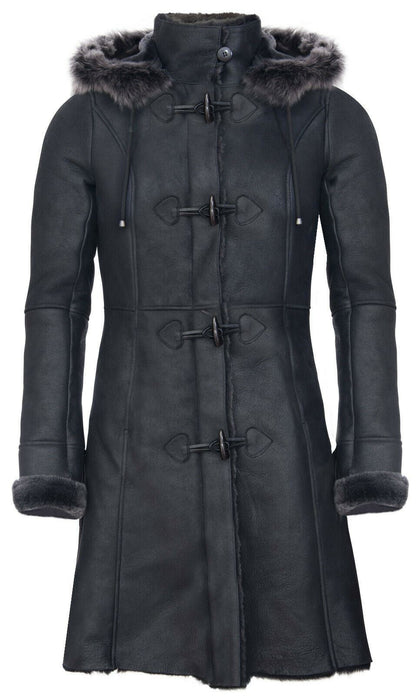 Womens Sheepskin Hooded Black Duffle Overcoat-Redhill