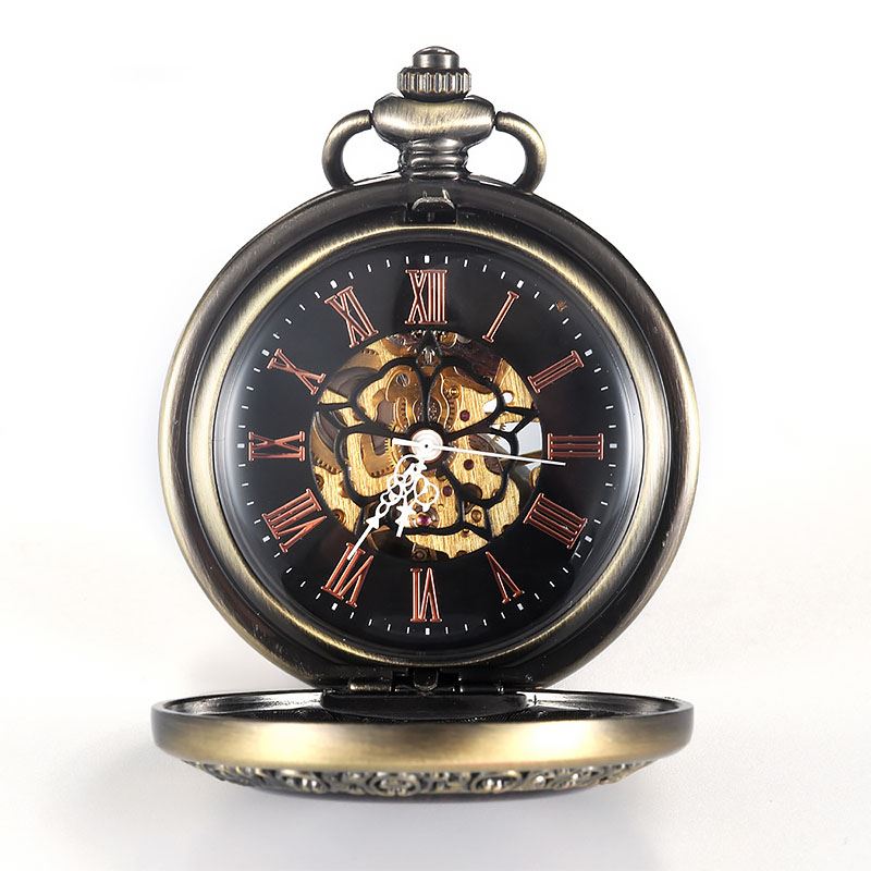 Vintage Bronze Wooden Skeleton Half Hunter Alloy Pocket Watch