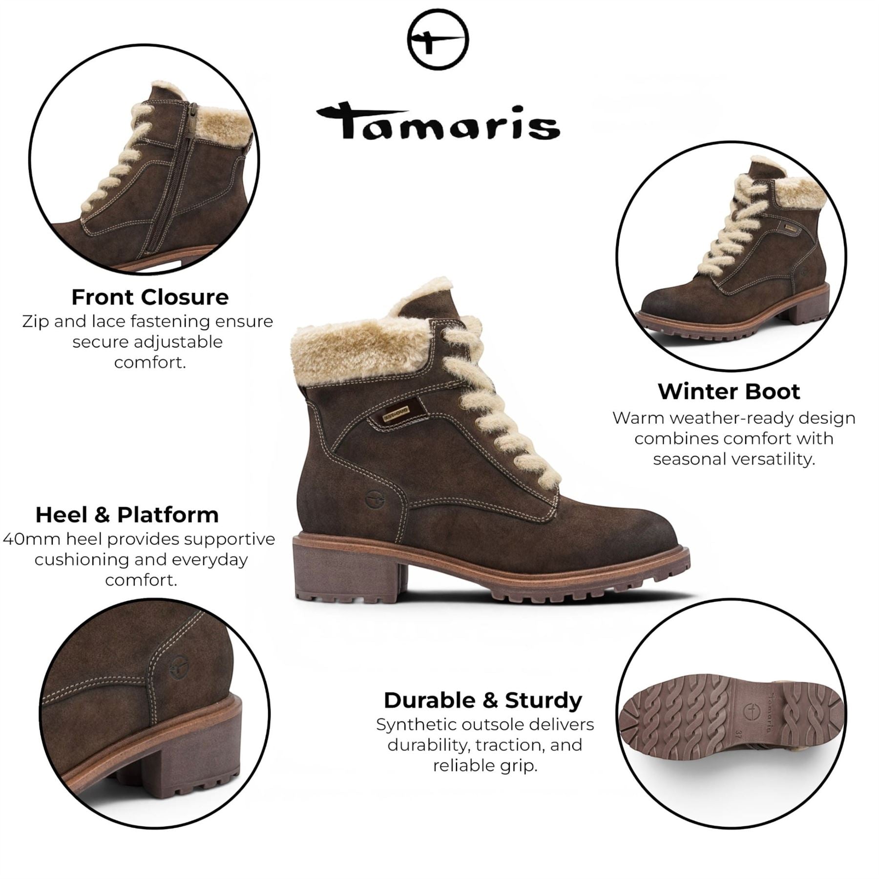 Tamaris Women’s Brown Warm Lace-Up Winter Outdoor Ankle Boots - 26266-43