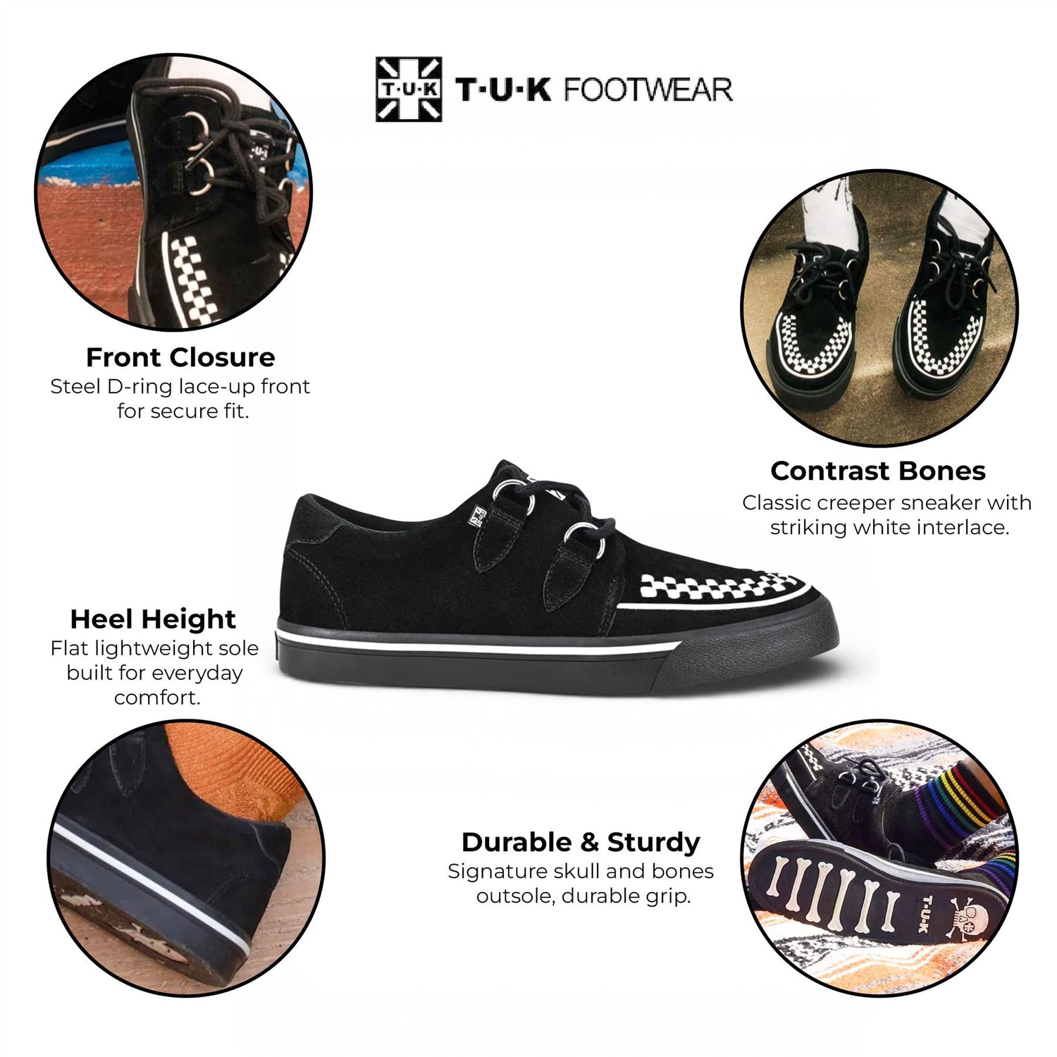 TUK Pointed Creeper Sneaker Black White Suede Platform Shoes - A9182