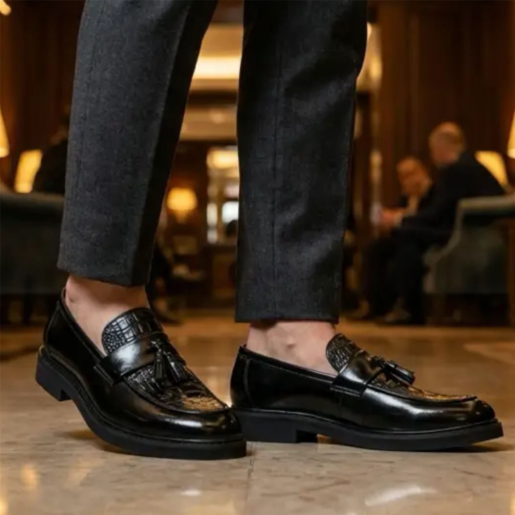 Mens Faux Leather Black Tassel Lug Sole Textured Loafers Shoes