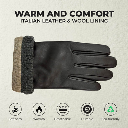 Men’s Italian Leather Warm Wool Lining Winter Knit Rib Gloves - M-LGV-105