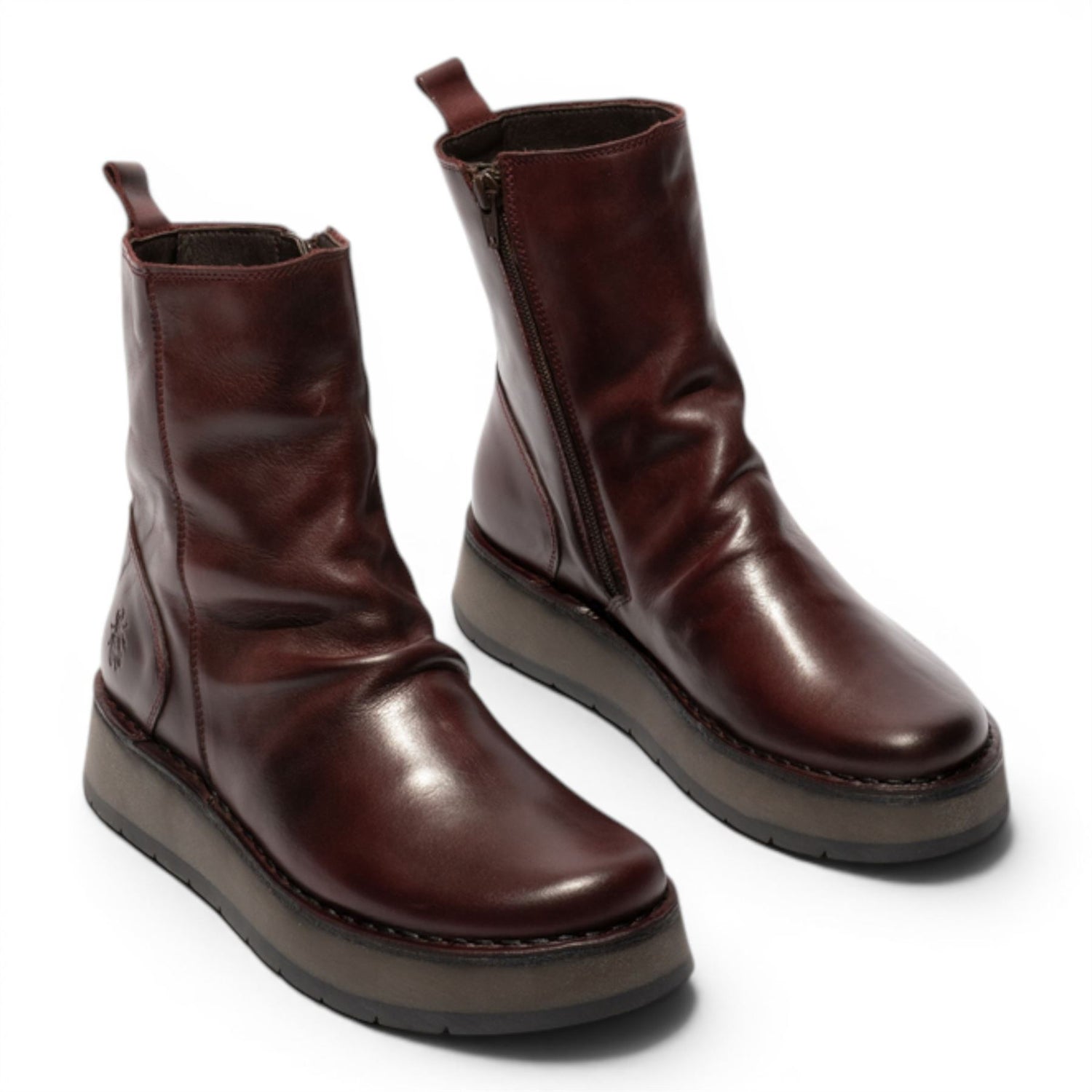 Fly London Womens Wine Leather Zip Up Platform Ankle Boots - RENO053FLY