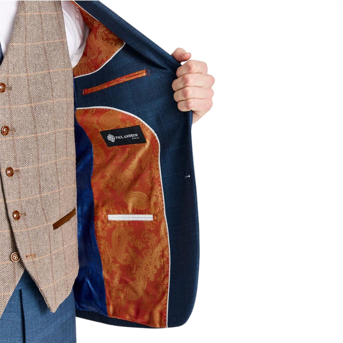 Mens Navy Suit with Brown Tweed Waistcoat Wedding Suit - Harris