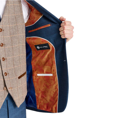 Mens Navy Suit with Brown Tweed Waistcoat Wedding Suit - Harris