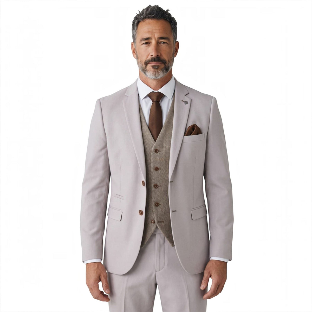 Mens Stone Suit with Harris Brown Tweed Waistcoat Wedding Suit - Mayfair
