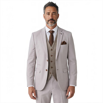 Mens Stone Suit with Harris Brown Tweed Waistcoat Wedding Suit - Mayfair