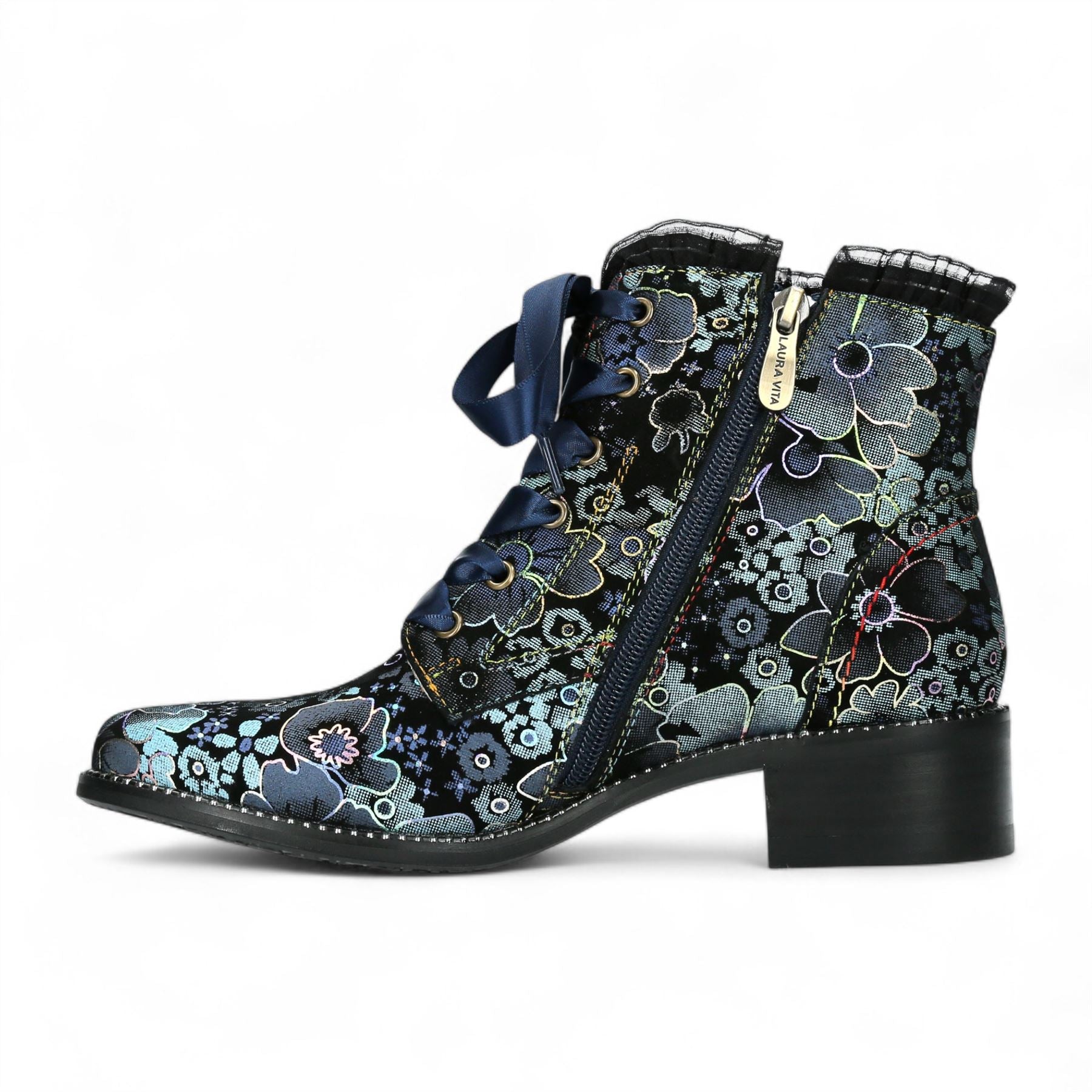 Laura Vita Emcmao-45 Blue Floral Womens Gothic Victorian Leather Ankle Heeled Boots