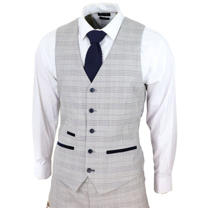 Mens Grey 3 Piece Tan Brown Check Tailored Fit Suit - Upperclass Fashions 