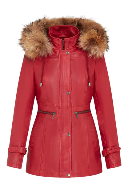 Womens Warm Leather Hooded Parka Jacket-Northwich
