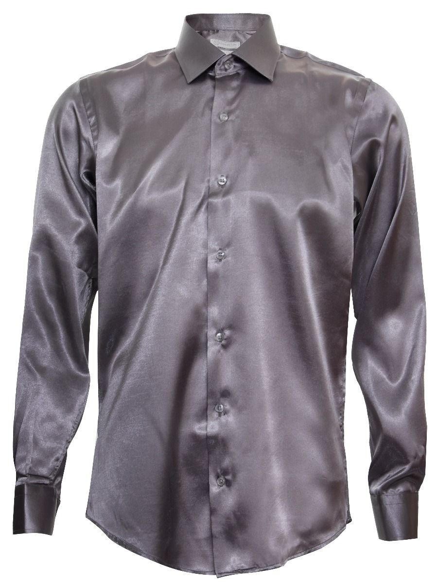Mens Silver Satin Silk Shirt Smart Casual Button Down Cuff Tailored Fit