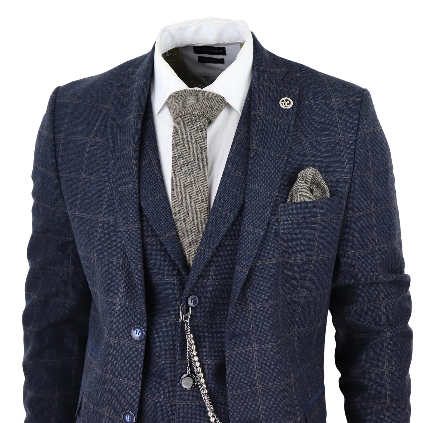 Mens 3 Piece Wool Suit Navy Blue Tweed Check Peaky Blinders 1920 Gatsby Formal - Upperclass Fashions 