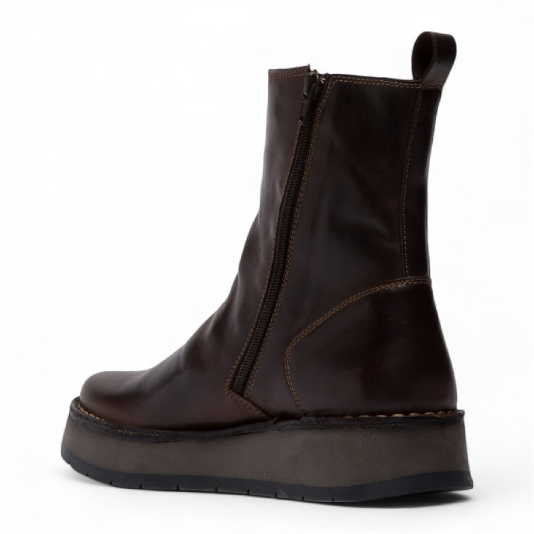 Fly London Womens Dark Brown RENO053FLY Leather Zip Up Platform Comfort Ankle Boots