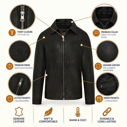 Mens Leather Harrington Collar Biker Jacket - Alpha