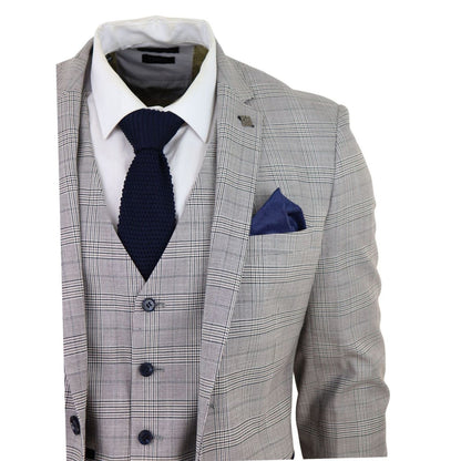 Mens Grey 3 Piece Tan Brown Check Tailored Fit Suit - Upperclass Fashions 