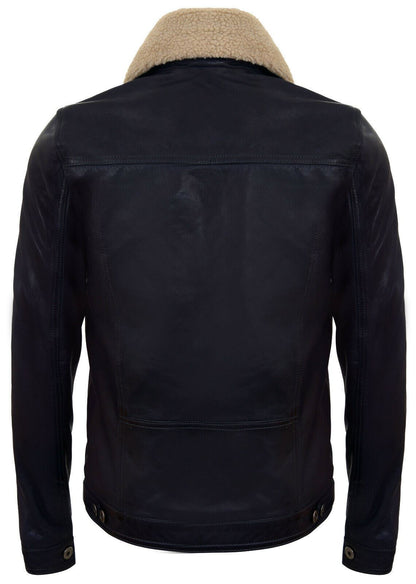 Mens Sheepskin Collar Trucker Leather Jacket-Darlington