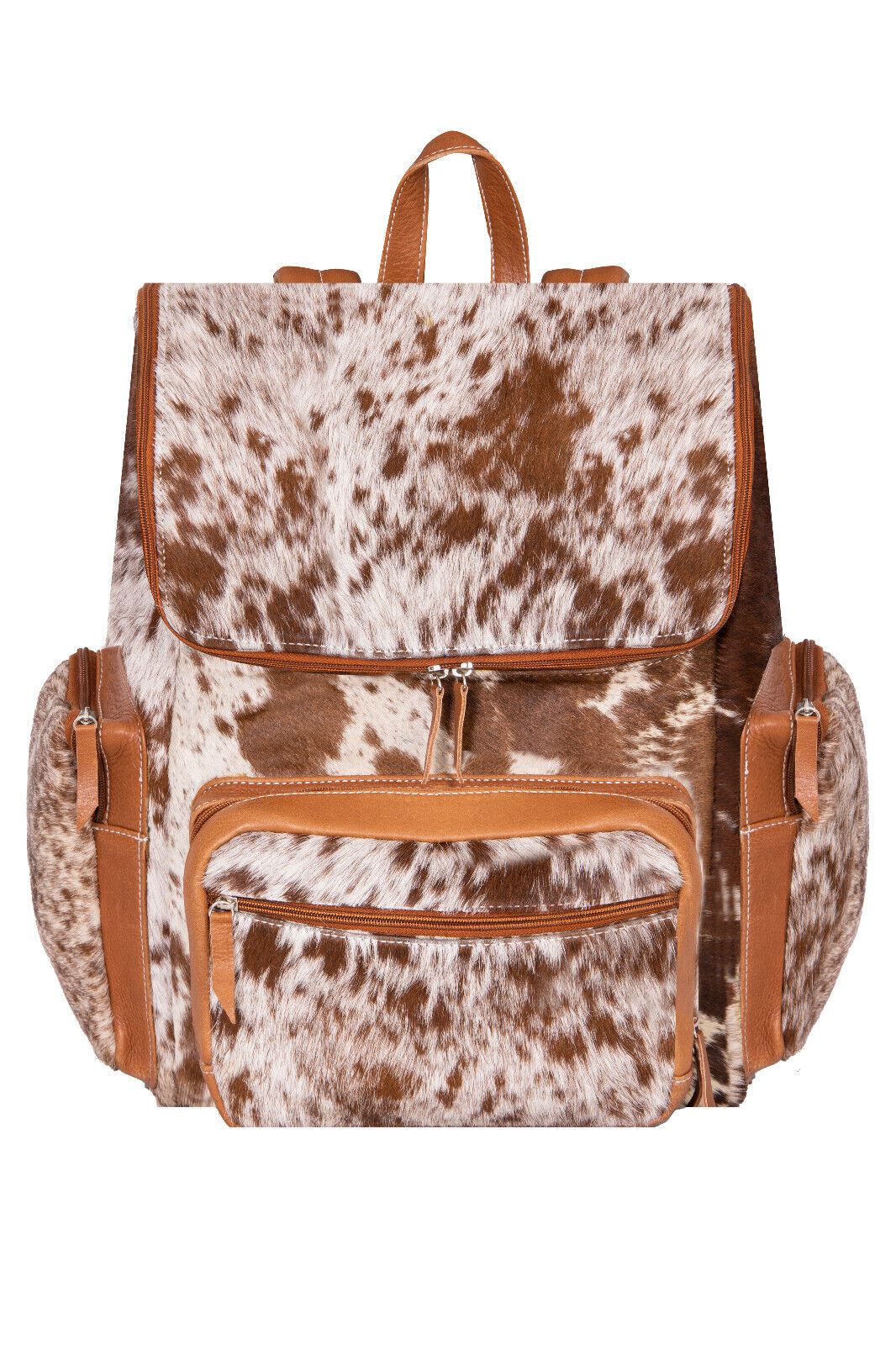 Deluxe Tan Brown Leather Backpack Bag Genuine Cowhide &amp; Cow Fur Travel Rucksack