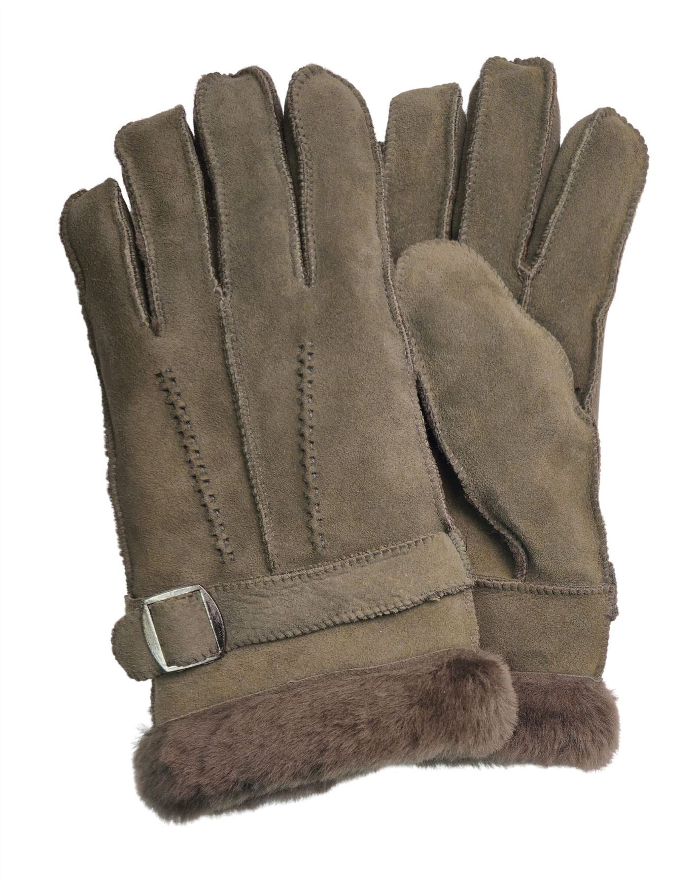 Mens Grey Luxury Sheepskin Suede Leather Gloves With Buckle