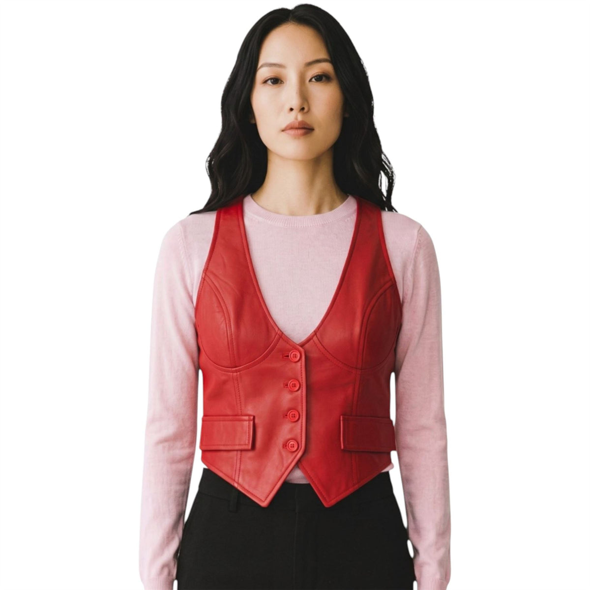Womens Red Leather Waistcoat Biker Vest - MAM-WC