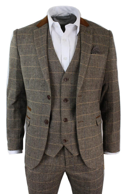 Mens 3 Piece Tan Tweed Check Suit - Upperclass Fashions 