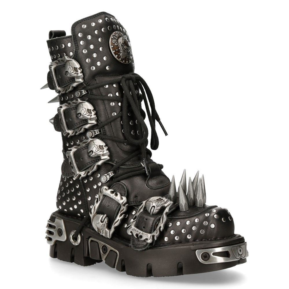 New Rock Black Leather Studded Gothic Boots-1535-S1