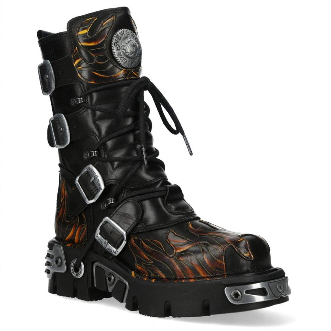 New Rock M-591-C58 Mid-Calf High Black Flame Leather Metallic Gothic Boots