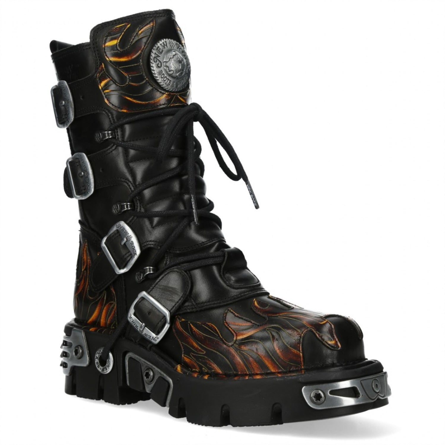 New Rock M-591-C58 Mid-Calf High Black Flame Leather Metallic Gothic Boots