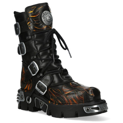 New Rock M-591-C58 Mid-Calf High Black Flame Leather Metallic Gothic Boots