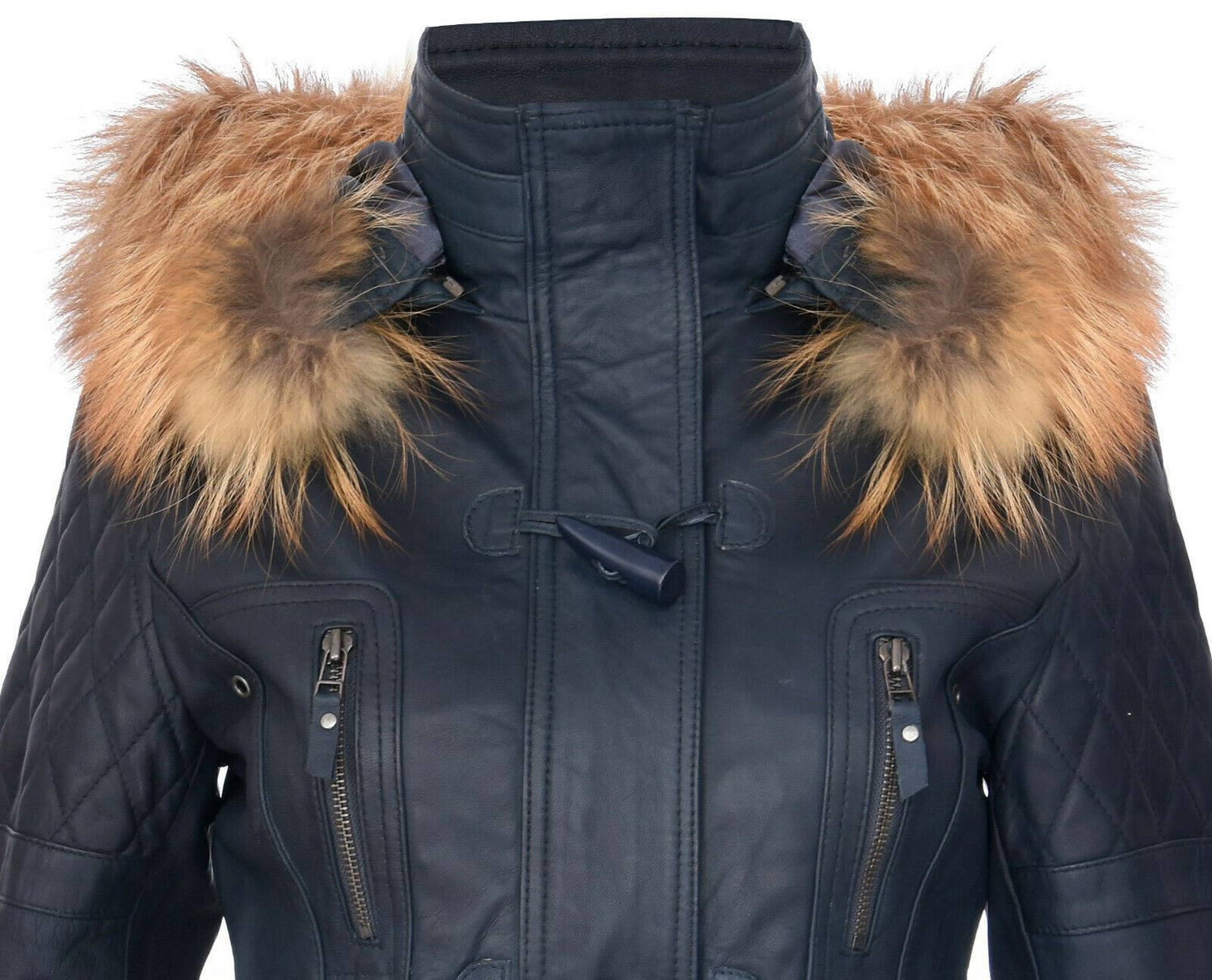 Womens Quilted Leather Hooded Parka Jacket-Northampton