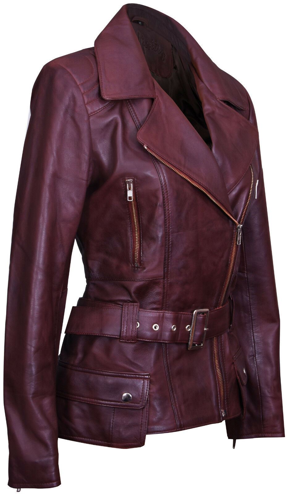 Womens Mid-length Leather Biker Jacket-Middlewich