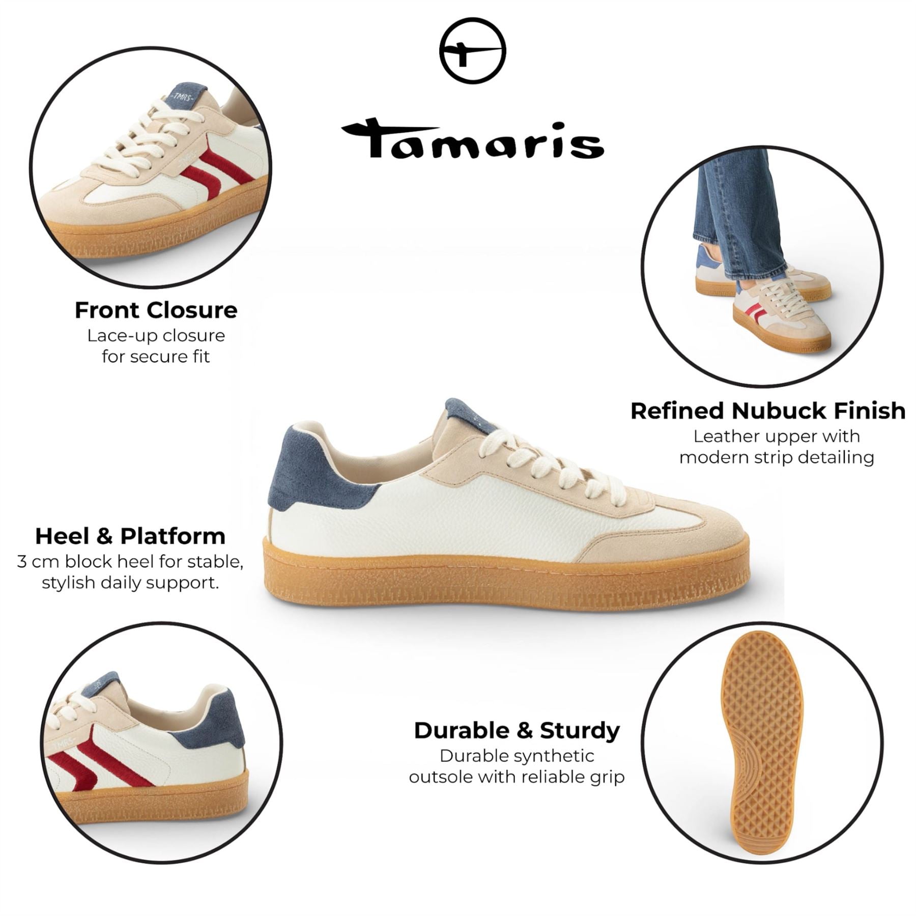 Tamaris Men’s Off White Leather Red Stripe Trainer Sneaker Shoes