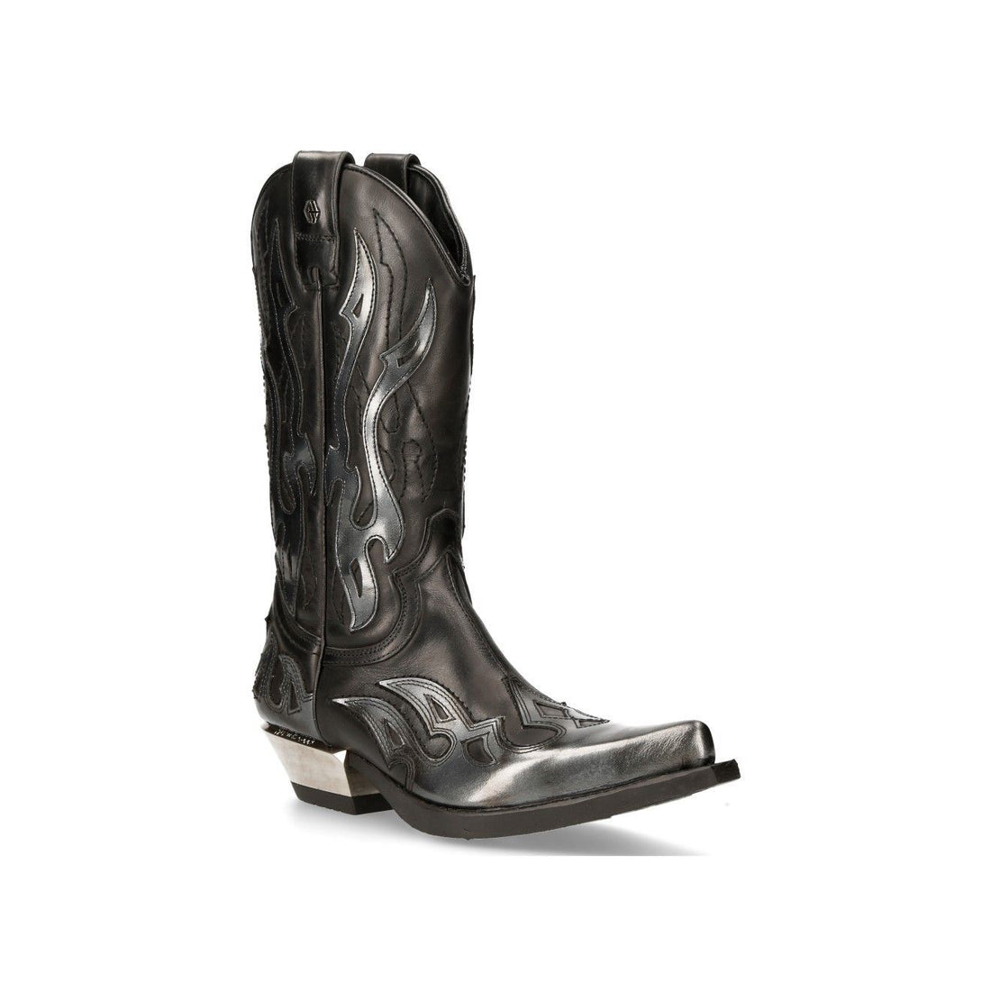 New Rock Flame Accented Black/Silver Leather Biker Cowboy Boots- M-7921-S3 - Upperclass Fashions 