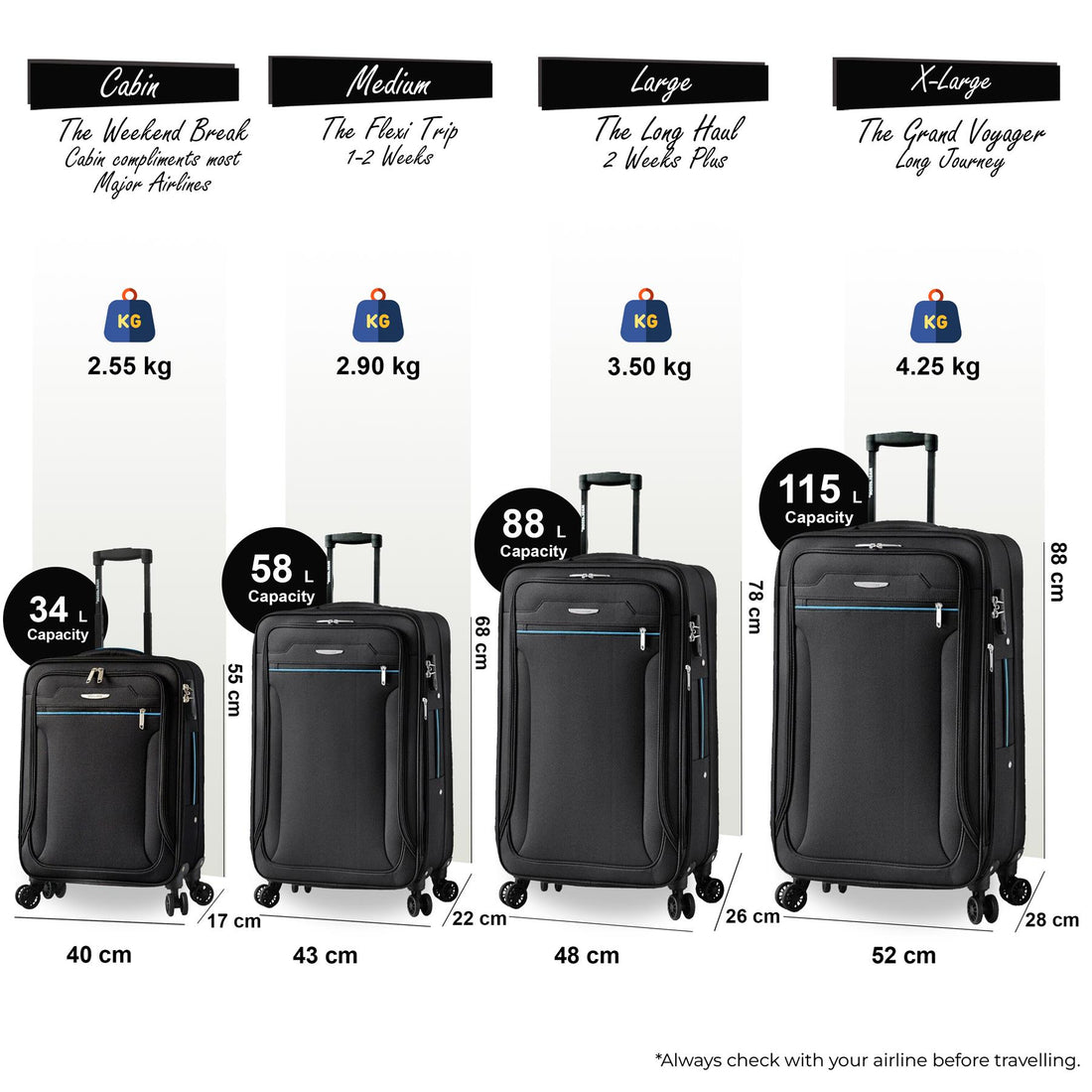 Calera Set of 4 Soft Shell Suitcase in Black