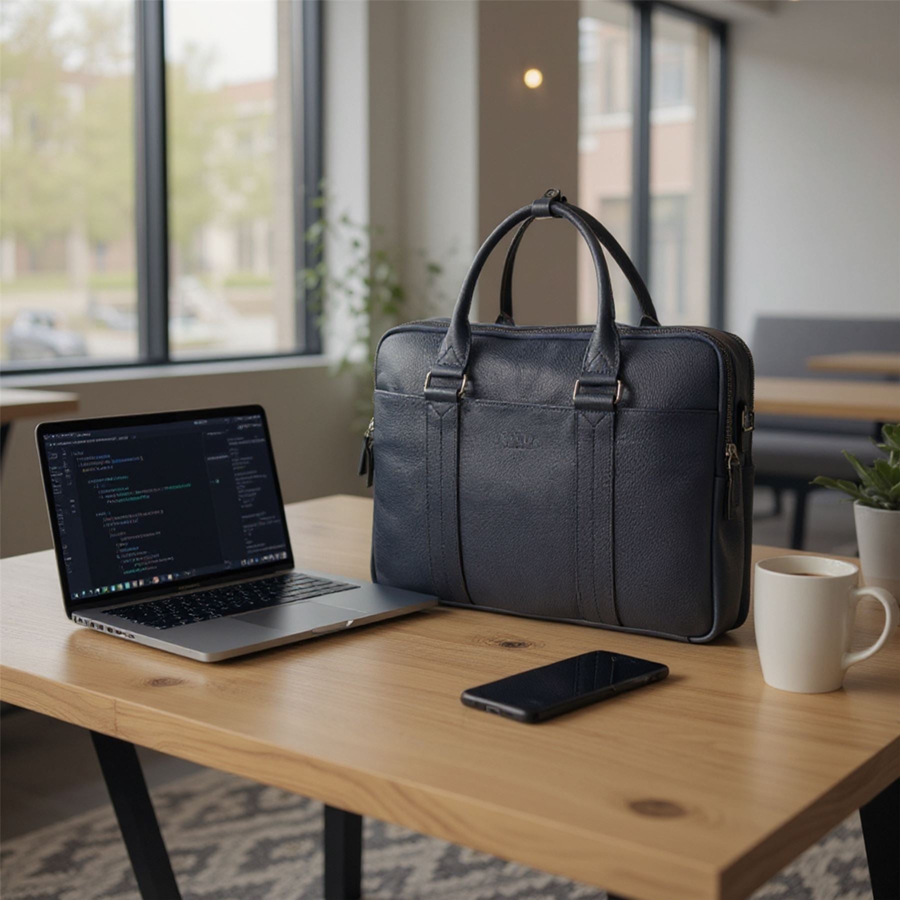 Genuine Leather Navy Laptop Business Briefcase Office Work Travel Bag - Sutton