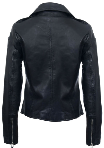 Womens Classic Black Leather Biker Jacket-Maryport