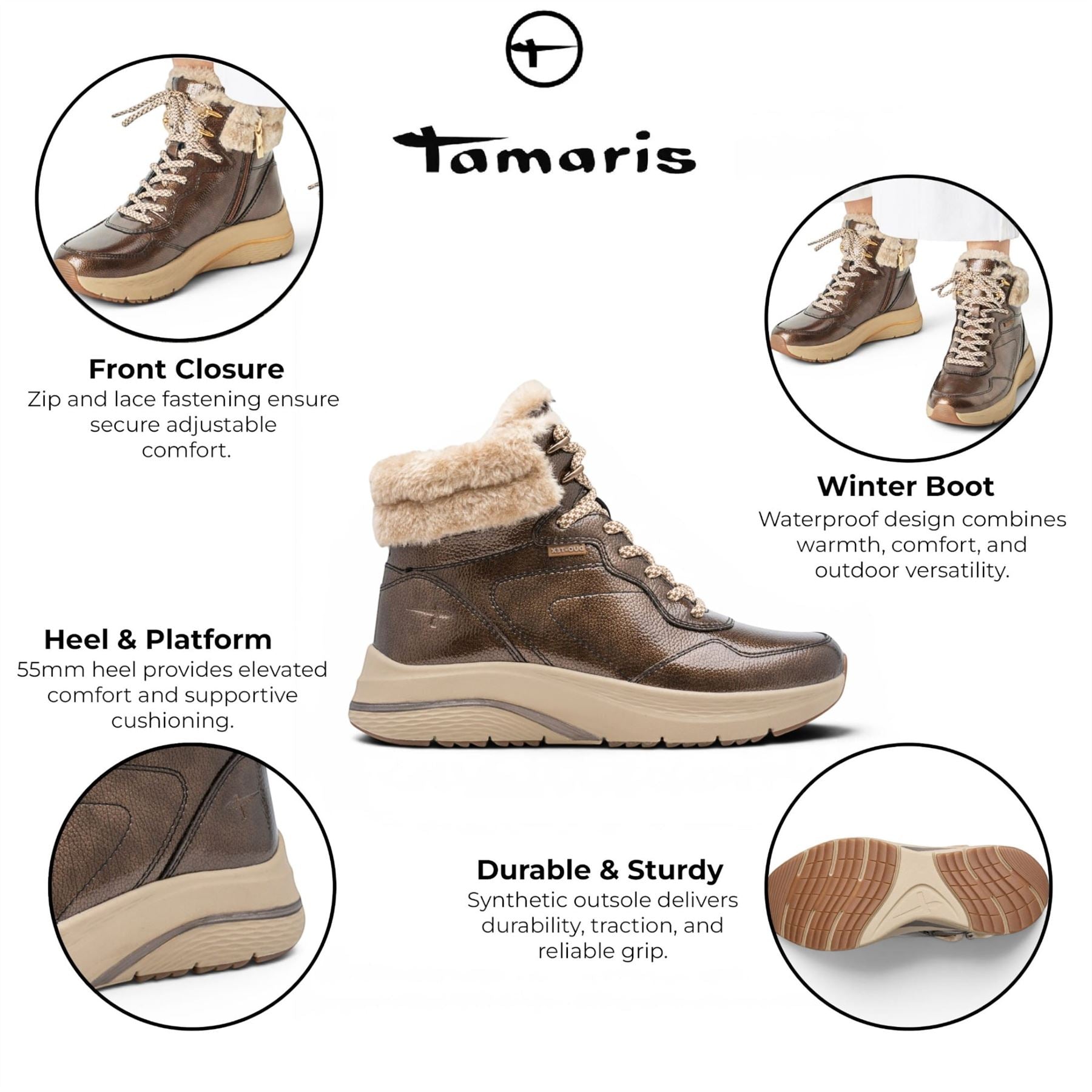 Tamaris Women’s Brown Warm Winter Waterproof Lace-up Ankle Boots - 26278-45