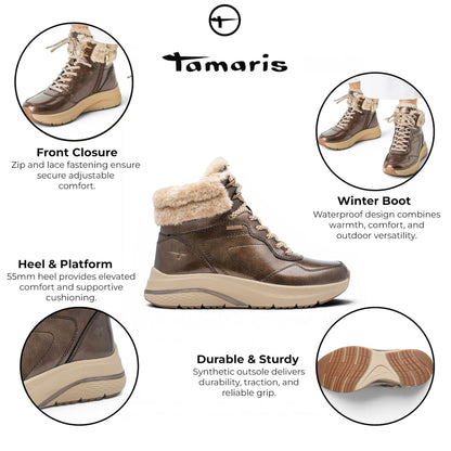 Tamaris Women’s Brown Warm Winter Waterproof Lace-up Ankle Boots - 26278-45