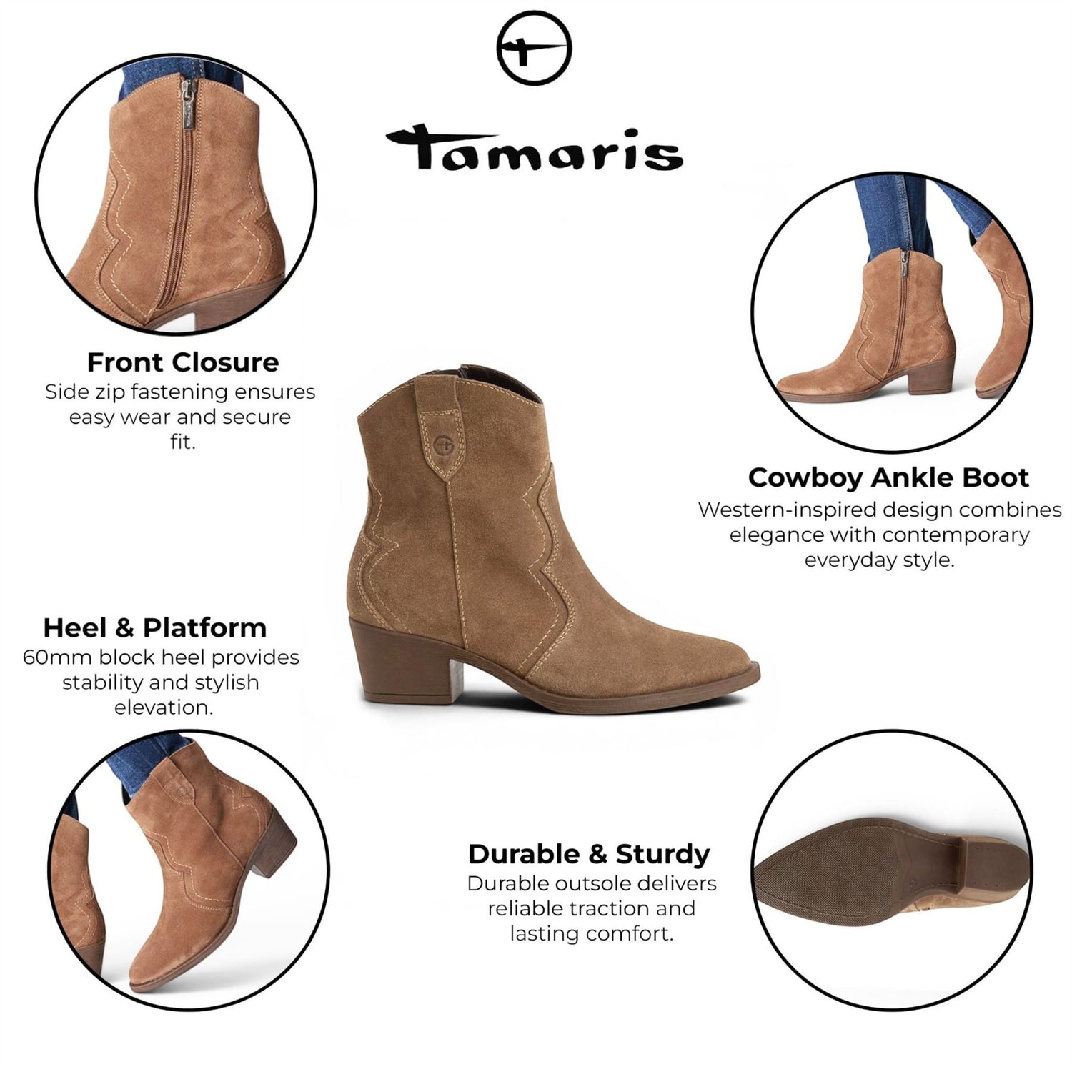 Tamaris Women’s Camel Brown Suede Leather Cowboy Western Ankle Boots - 25702-41