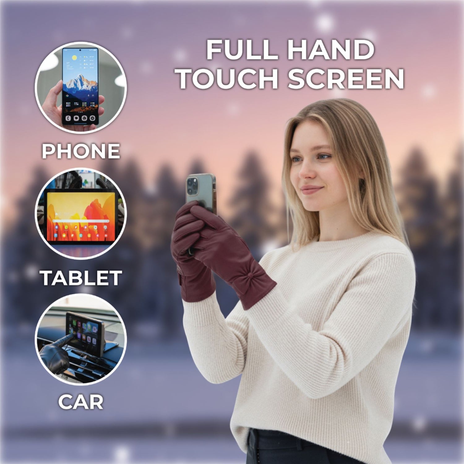 Womens Italian Leather Winter Bow Design Soft Wool Lining Gloves - L-GLV-401