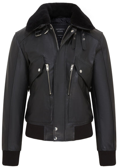 Mens Black Leather Cowhide Aviator Bomber Jacket  - Akhiok