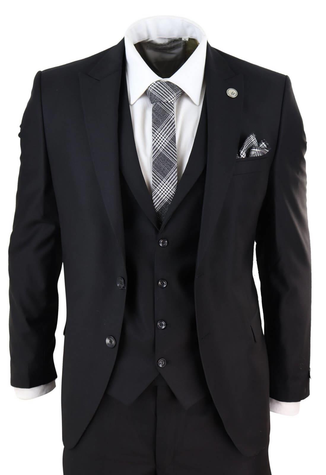 New Mens 3 Piece Suit Plain Black Classic Tailored Fit Smart Casual 1920s Formal